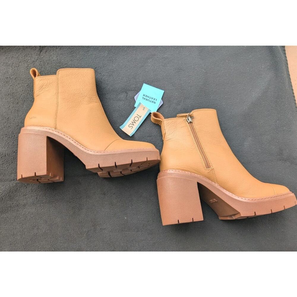 TOMS Rya Boots Tan LEATHER Platform Block Heel NWT Size W7. 5 - Picture 3 of 14